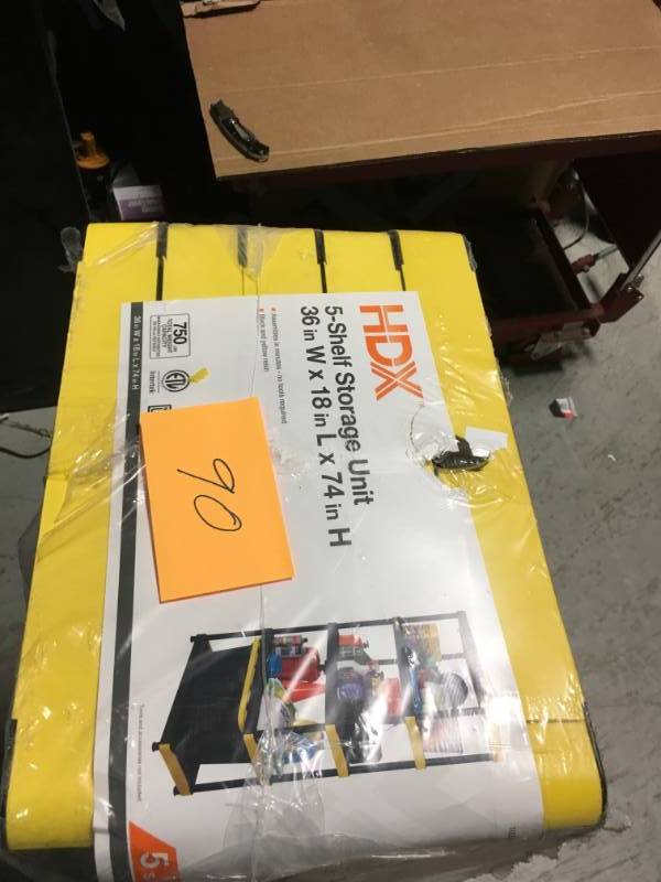 lot 90 image: HDX 18 in. x 36 in. x 74 in. Black and Yellow Plastic Ventilated 5-Tier Garage Shelving Unit SEE PHOTO BROKEN DAMAGE