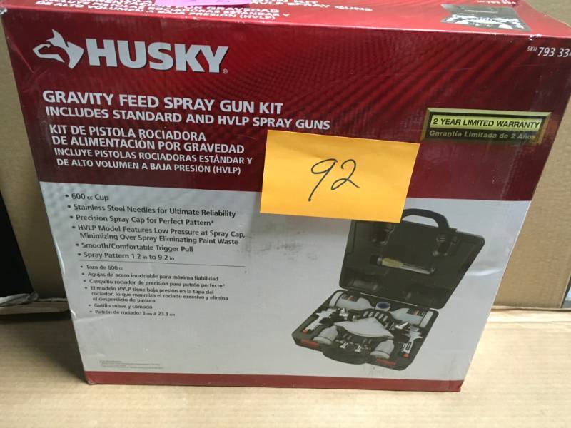 lot 92 image: Husky HVLP and Standard Gravity Feed Spray Gun Kit open box in like new condition