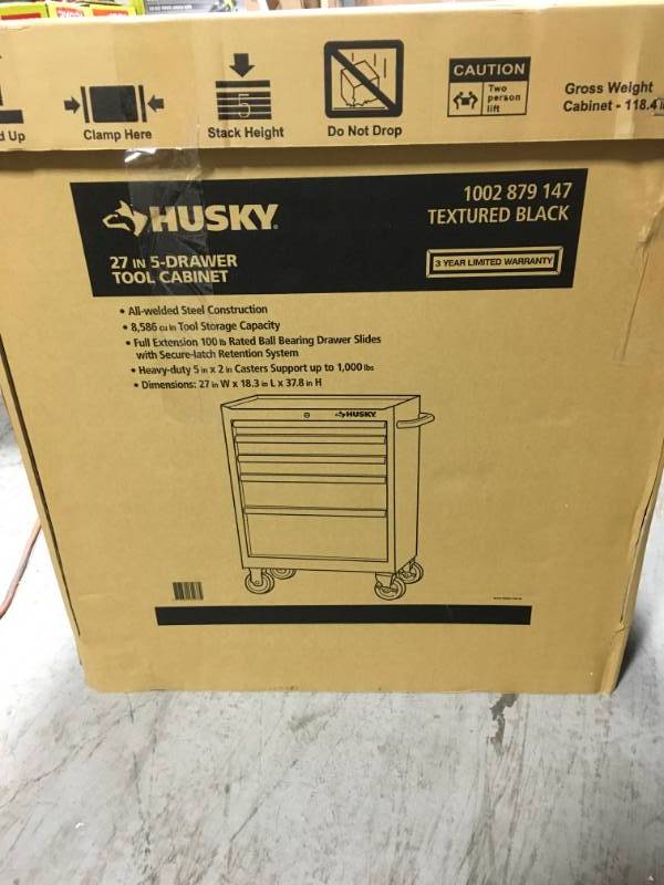 lot 93 image: Husky 27 in. 5-Drawer Rolling Cabinet Tool Chest in Textured Black open box in like new condition