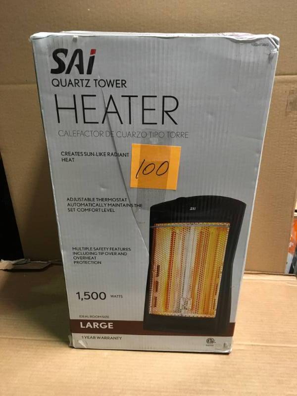lot 100 image: SAI 1500-Watt Quartz Tower Heater, Black open box in like new condition