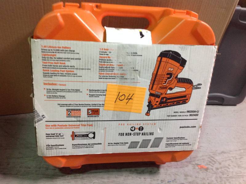 lot 104 image: Paslode Angled 16-Gauge Cordless Finish Nailer in very good condition - carry on box has a broken latch