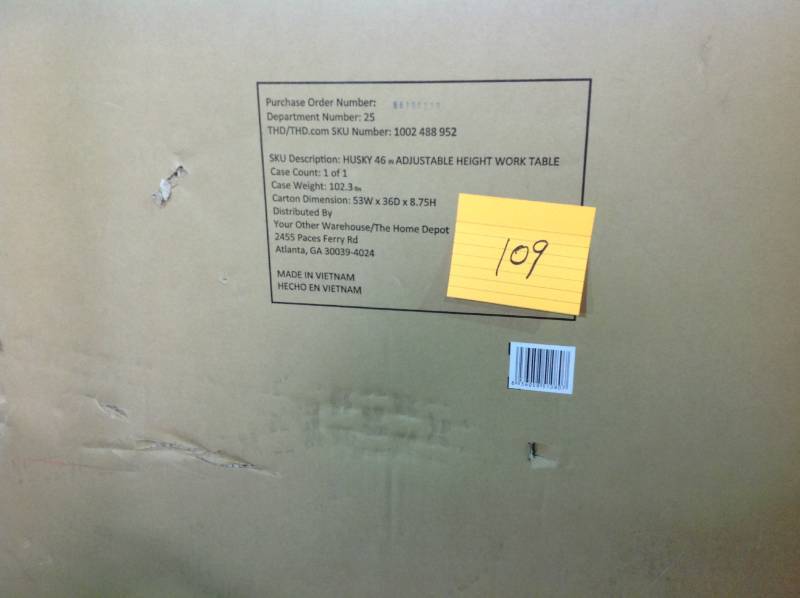 lot 109 image: Husky Work Table Workbench 52 in. Adjustable Height Wood Top Steel Frame Black not used