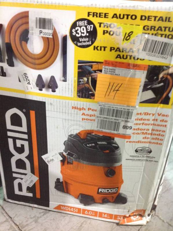 lot 114 image: Ridgid 14 Gal. 6.0-Peak HP Wet Dry Vac with Auto Detail Kit open box in like new condition