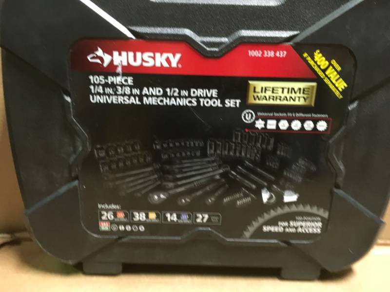 lot 24 image: Husky 14 in., 38 in. and 12 in. Drive 100-Position Universal SAE and Metric Mechanics Tool Set (105-Piece) in like new condition