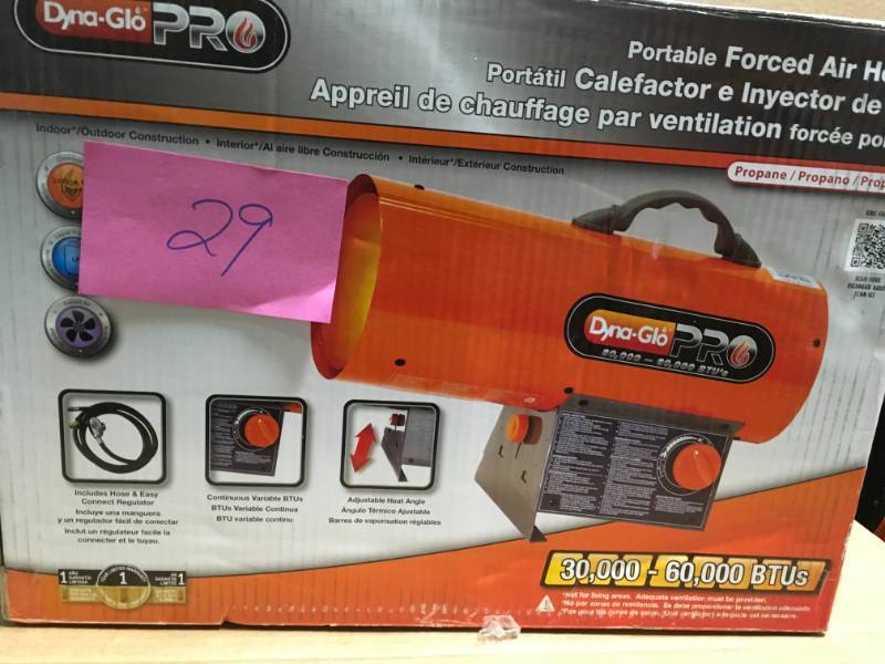 lot 29 image: Dyna-Glo Pro 60K BTU Forced Air Propane Portable Heater in like new condition