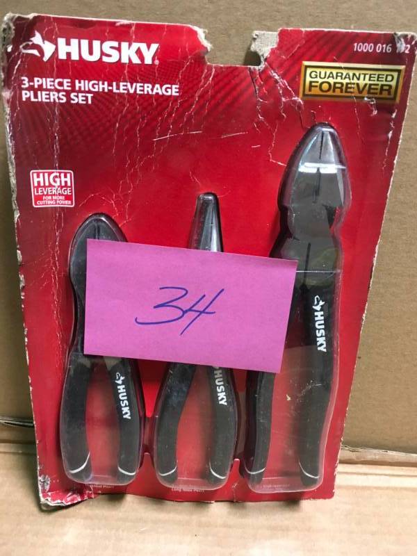 lot 34 image: Husky High-Leverage Long Nose Pliers Set (3-Piece) in good condition