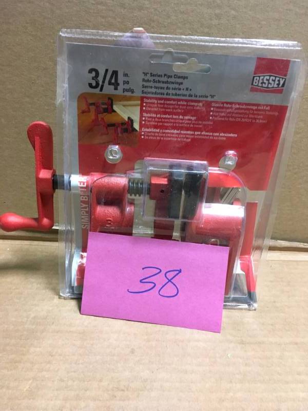 lot 38 image: BESSEY H-Style Pipe Clamp Fixture Set for 34 in. Black Pipe in like new condition