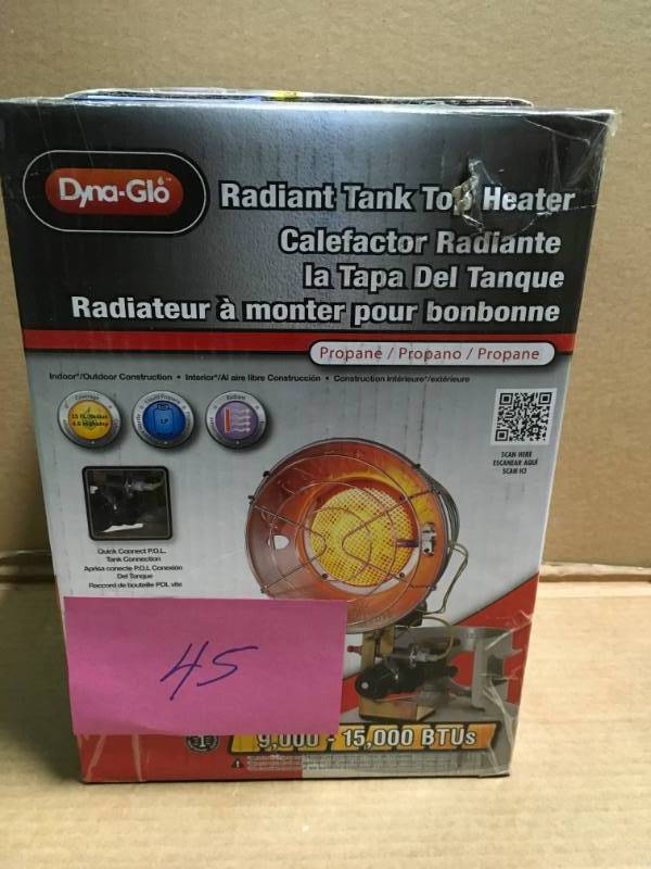 lot 45 image: Dyna-Glo Single Burner 15,000 BTU Radiant Tank Top Propane Portable Heater in like new condition