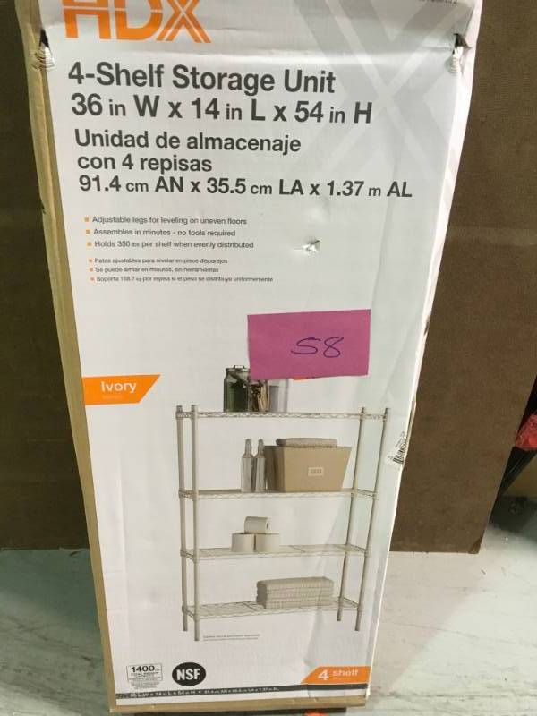 lot 58 image: HDX 54 in. H x 36 in. W x 14 in. D 4 Shelf Steel Shelving Unit in Ivory in good condition