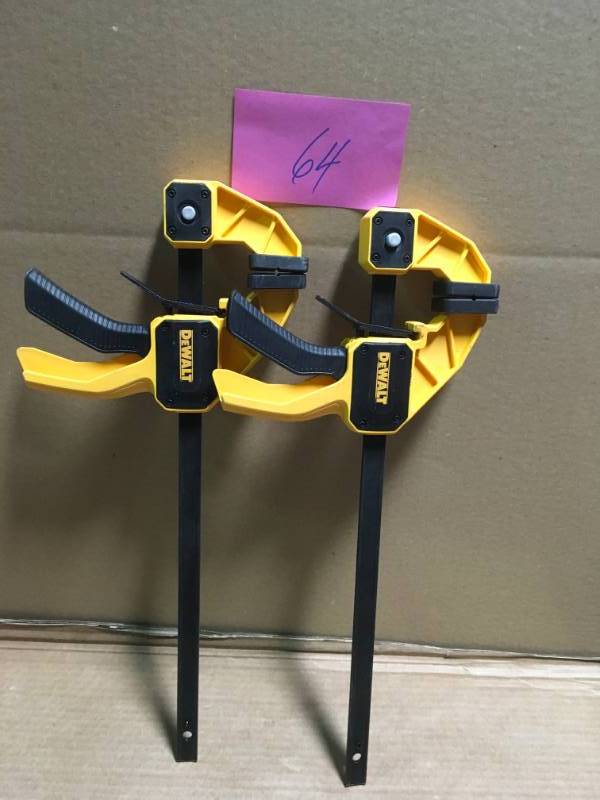 lot 64 image: DEWALT 6 in. and 12 in. 300 lb. Trigger Clamps Set (4-Pack) w3.25 Throat Depth in good condition