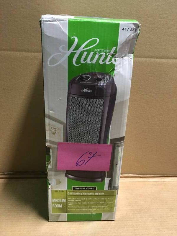 lot 67 image: Hunter 18.58 in. 1,500-Watt Oscillating Ceramic Tower Heater USED in good condition