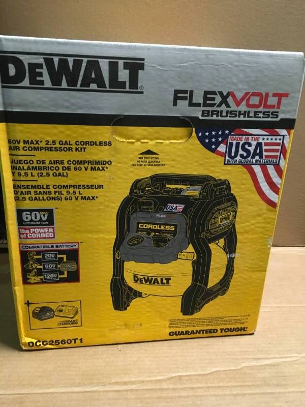 lot 79 image: DEWALT FLEXVOLT 2.5 Gal. 60-Volt MAX Brushless Cordless Electric Air Compressor Kit w Battery 2Ah and Charger in like new condition