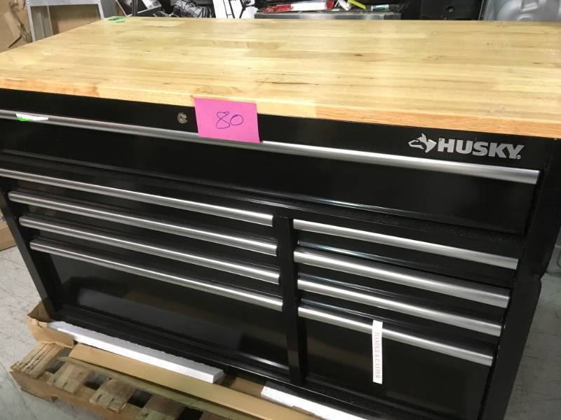 lot 80 image: Husky 52 in. x 24.5 in. D 9-Drawer Mobile Workbench in Black PLEASE SEE PHOTOS DAMAGE