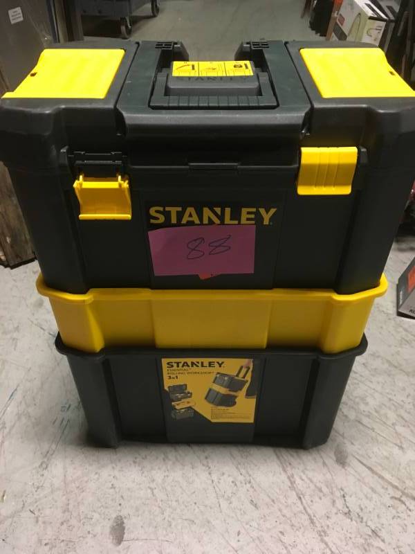 lot 88 image: Stanley Essential 19 in. 3-in-1 Detachable Tool Box Mobile Work Center MISSING CAP BROKEN WHEEL in like new condition