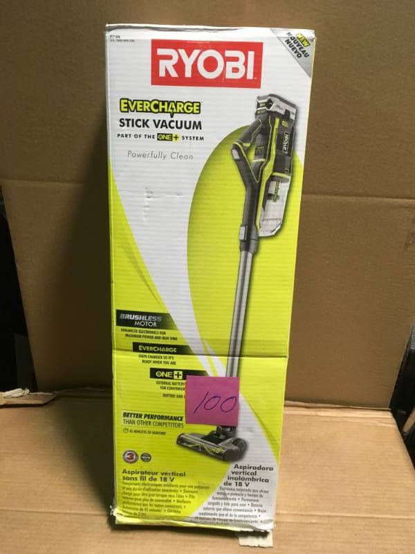 lot 100 image: RYOBI 18-Volt ONE Stick Vacuum Cleaner in like new conditionm