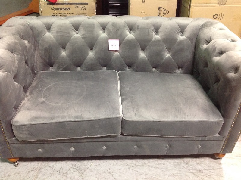 lot 101 image: Home Decorators Collection Gordon Grey Velvet sofa 2 person in good conditions small scratch on the legs