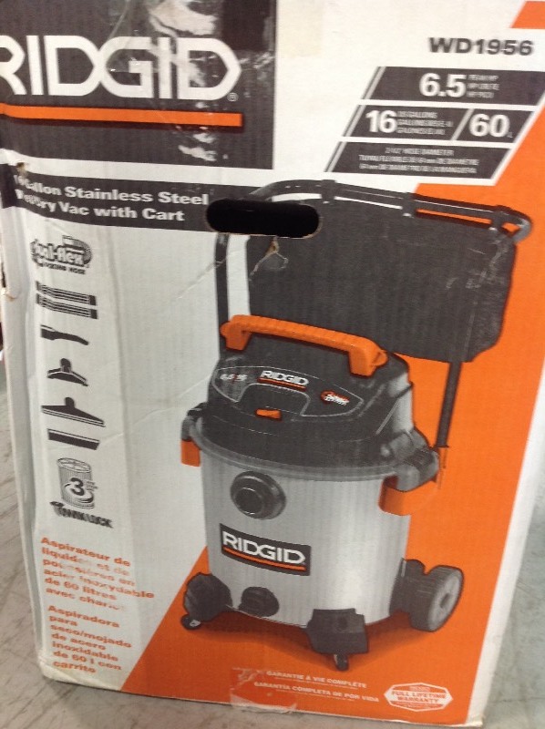 lot 106 image: RIDGID 16 Gal. 6.5-Peak HP Stainless Steel Wet Dry Vac in good conditions