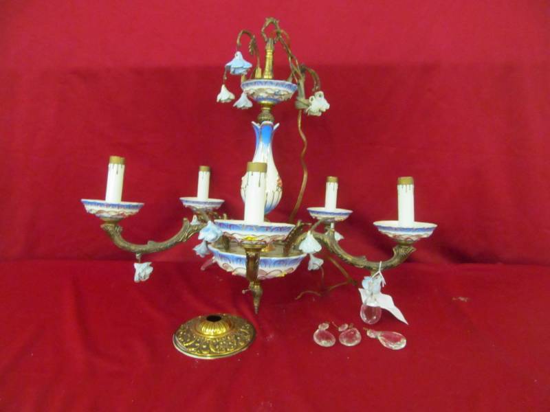 lot 20 image: vintage brass, porcelain chandelier