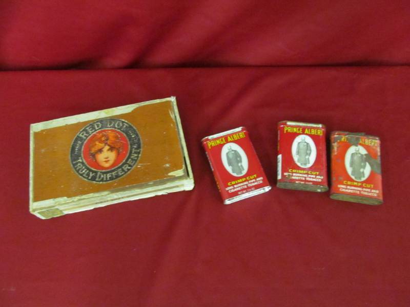 lot 38 image: vintage Prince Albert tins, Red Dot cigar box