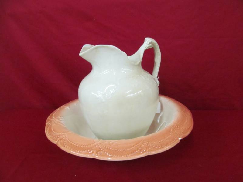 lot 128 image: vintage iron stone  china wash basin ,pitcher