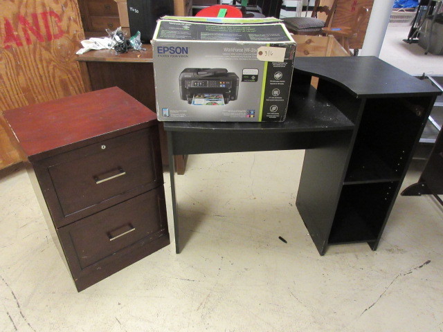 EPSON PRINTER, DESK AND FILING CABINET