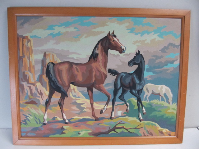 lot 54 image: Nice Vintage Framed Paint by Numbers Horse Painting.