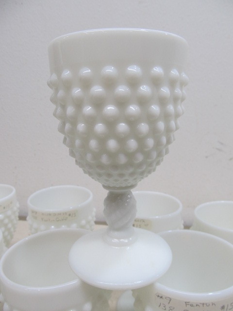 lot 121 image: Matching Set of 8 FENTON Hobnail Milk Glass Goblets
