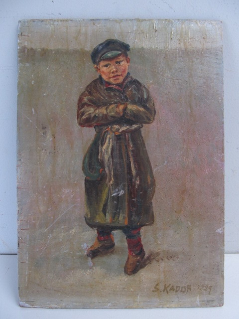 lot 151 image: Original Signed & Dated 1929 Oil on Board Painting - Boy in Winter