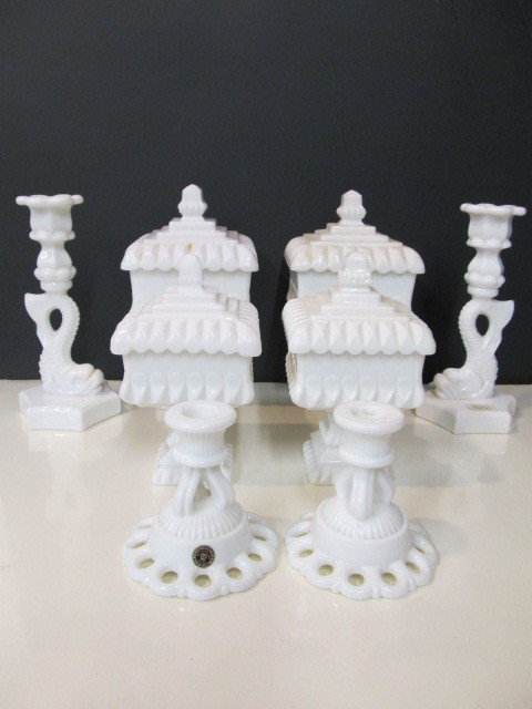 lot 125 image: Vintage WESTMORELAND Milk Glass Candy Dishes & Candle Holders