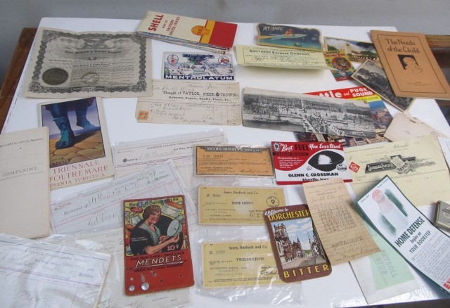 lot 145 image: Large Lot of Old Paper Advertising, Stock Certificates etc
