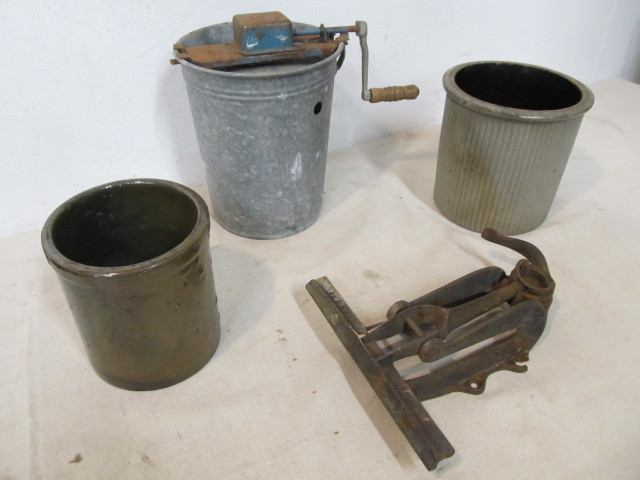 lot 174 image: Antique Stoneware Crocks Ice Cream Maker & Cast Iron Tool