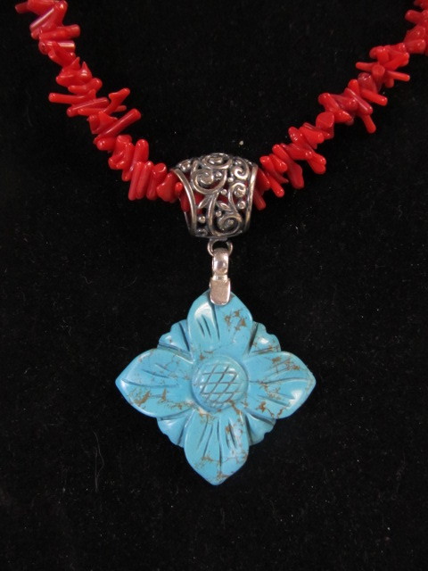 lot 172 image: Southwestern Sterling Silver Red Coral & Turquoise Pendant Necklace