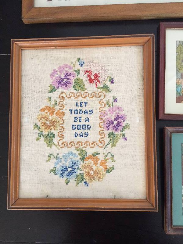 lot 394 image: 4 Framed Embroidery  Cross Stitched  Crewel Pictures