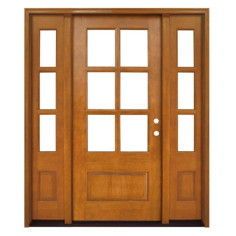 lot 16 image: Steves & Sons 60 in. x 80 in. Craftsman Savannah 6 Lite LHIS Autumn Wheat Mahogany Wood Prehung Front Door with Double 10 in. Sidelites