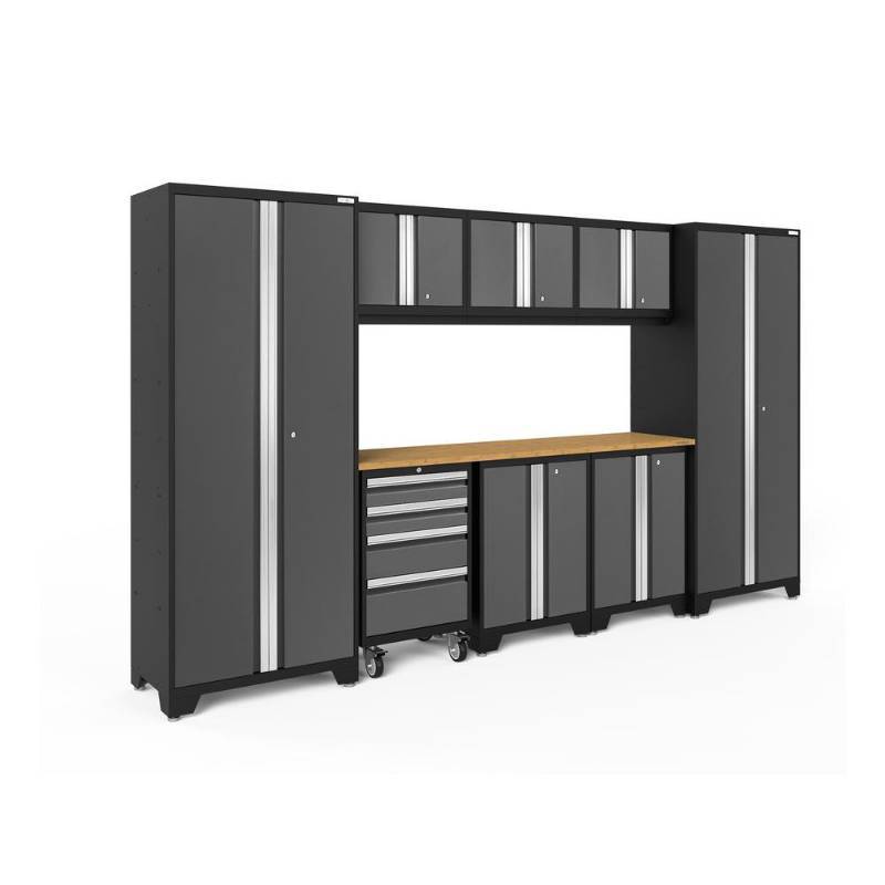 lot 53 image: Newage Bold 3.0 24-Gauge Welded Steel Bamboo Worktop Cabinet Set in Gray (3-Piece), 50408