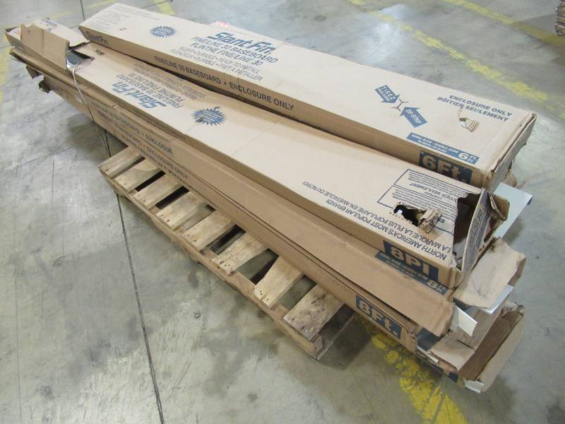 lot 69 image: Pallet of SlantFIn FineLine 30 Fully Assembled Enclosure Dummy Baseboards in Nu White