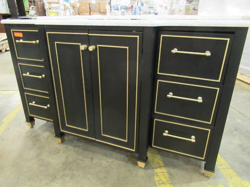 lot 18 image: OVE Florence 60 X 22 X 34.5 Tall Vanity in Black with Marble Vanity Top in White with White Basin and Gold Accents