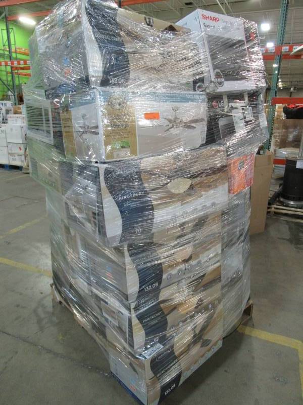 lot 132 image: WHOLESALE PALLET OF RETURNS - MIXED LIGHTING, CEILING FANS AND SMALL APPLIANCES AND MORE