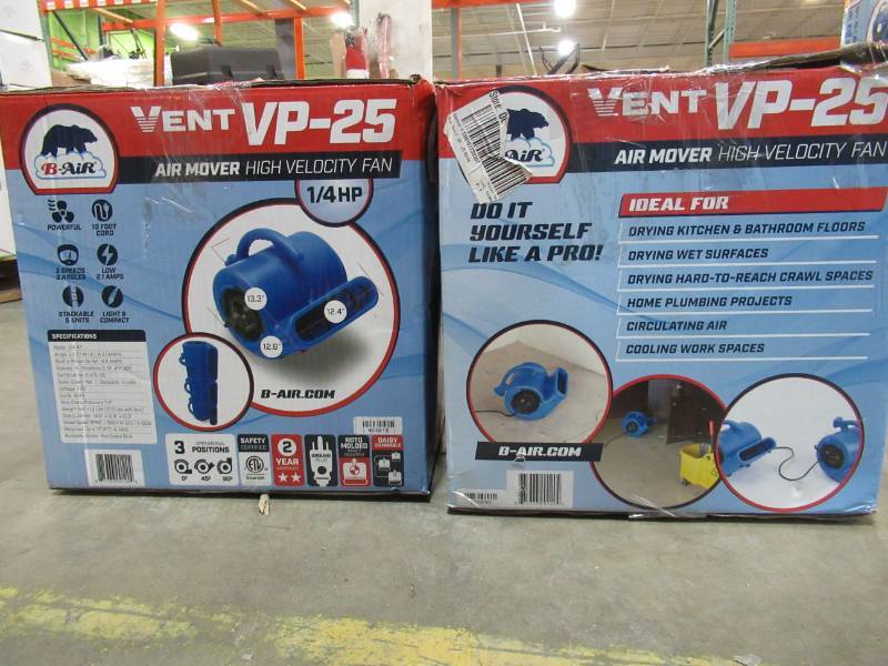 lot 203 image: (2) B-Air 14 HP 900 CFM Air Mover for Water Damage Restoration Carpet Dryer Floor Blower Fan Home and Plumbing Use, Blue, VP-25