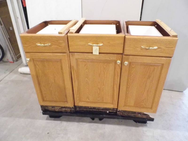 lot 159 image: 3 Lower Metal Cabinets wOak Doors
