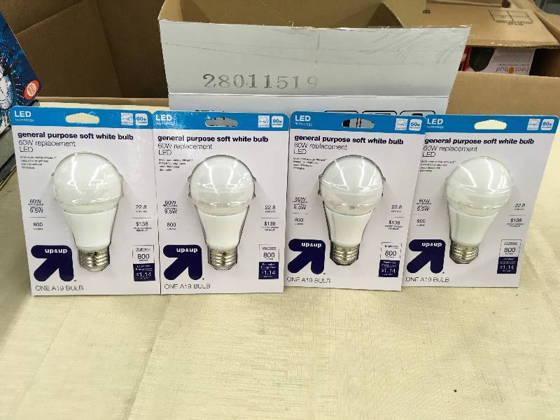lot 267 image: 60 Watt A19 LED Bulbs 4 Pack, Retail $13.99