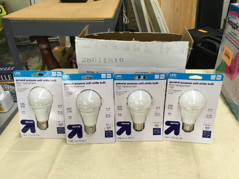 lot 444 image: 60 Watt A19 LED Bulbs 4 Pack, Retail $13.99