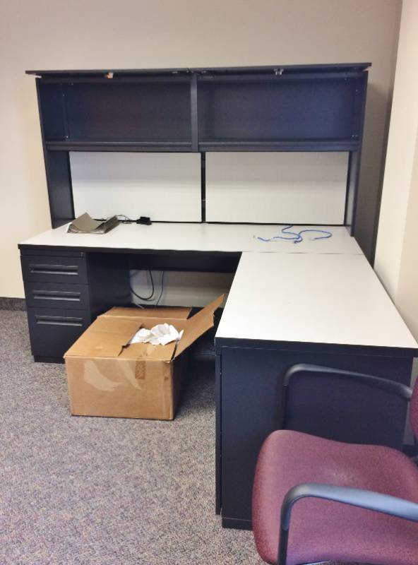 lot 2 image: MSRP $3000 High Quality Hayworth Executive Office Workstation Desk With Right Return, 1-3 Drawer Filing Cabinet, 1-2 Drawer Filing Cabinet, Lighted Overhead Slide Up 2 Door Cabinets Sleek Chic BlackWhite Design Excellent Premium Condition 