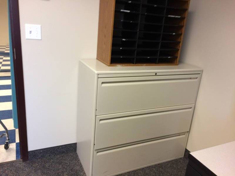 lot 3 image: 3 Drawer White Steel Lateral Filing Cabinet Includes Wood Mailroom Letter&nbspSorter - Excellent Condition