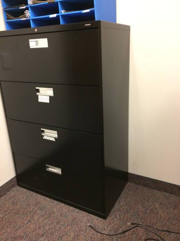lot 8 image: MSRP $600&nbspHON Brigade&nbspBlack&nbsp4-Drawer Office Filing Cabinet - 600 Series Lateral Legal or Letter File Cabinet 36W - Excellent Condition