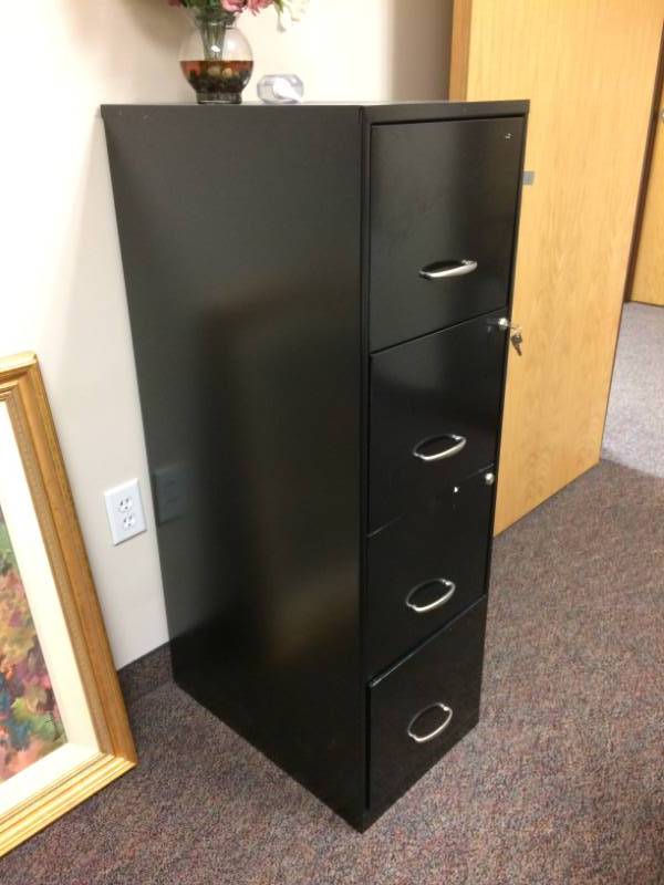 lot 9 image: MSRP $300 Heavy Duty Black Metal 4 Drawer Vertical Filing Cabinet wKey - Excellent Condition
