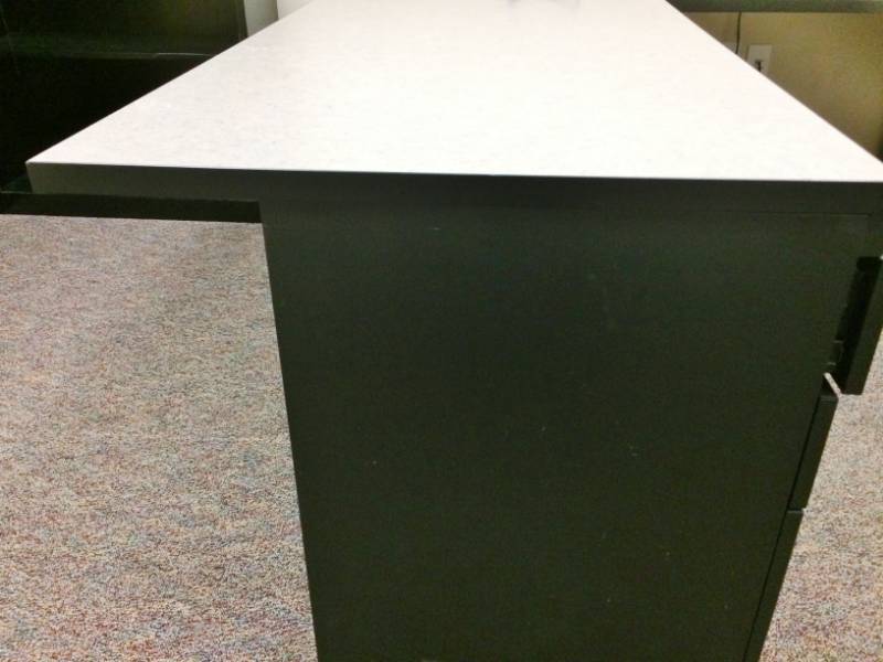 lot 15 image: MSRP $2000 High Quality Steelcase Executive Office Workstation Desk wRight Return, 1-3 Drawer Filing Cabinet, 1-2 Drawer Filing Cabinet & Extended Front Desktop Surface Guest Workspace Sleek Chic Black Design Excellent Premium Condition Key