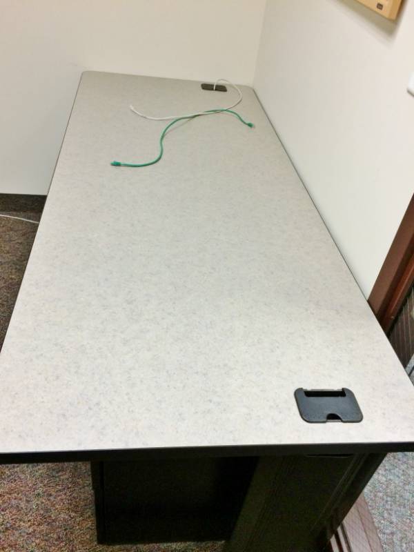 lot 20 image: HIGH QUALITY STEELCASE&nbspDouble Outlet Grommets Computer Classroom Training Table Desk With 3 Drawer Filing Cabinet - Excellent Condition 