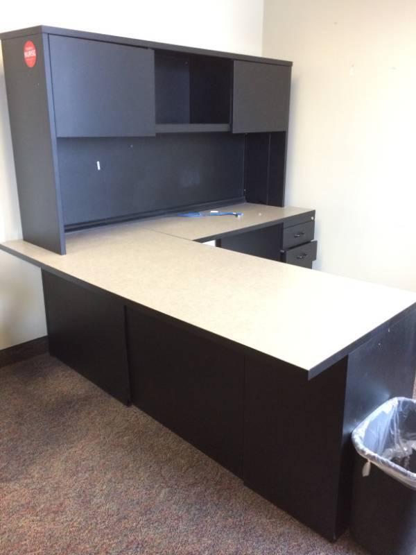 lot 33 image: MSRP $3000 High Quality Steelcase Executive Office Workstation Desk With Right Return, 1-3 Drawer Filing Cabinet, 1-2 Drawer Filing Cabinet, Lighted Overhead 2 Door Storage Cabinets Sleek Chic BlackWhite Design Excellent Premium Condition 