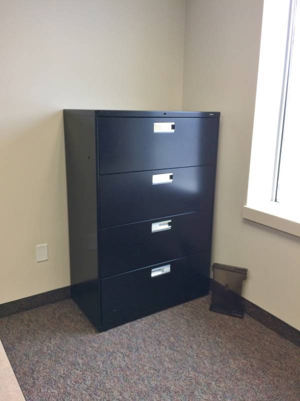lot 34 image: MSRP $600&nbspHON Brigade&nbspBlack&nbsp4-Drawer Office Filing Cabinet - 600 Series Lateral Legal or Letter File Cabinet 36W - Excellent Condition